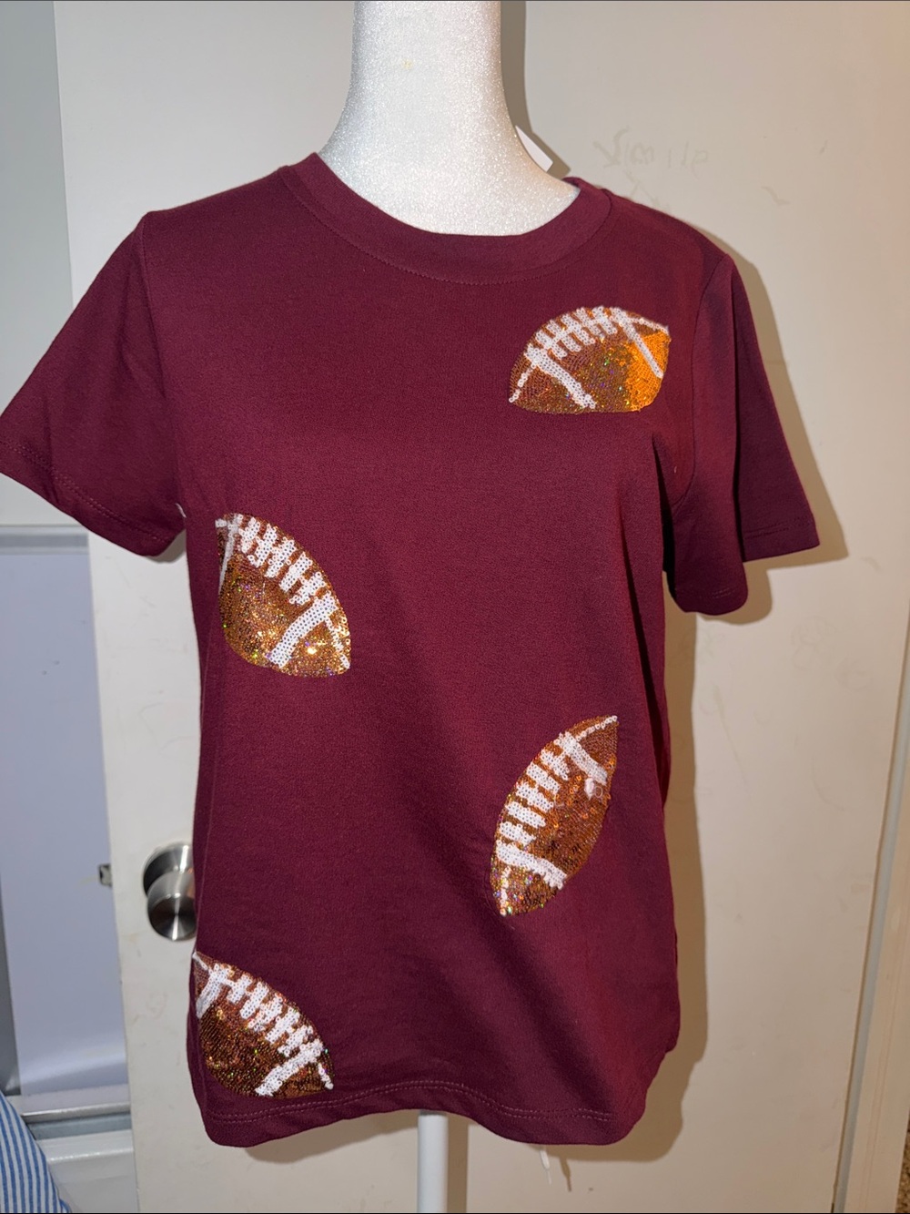 Women’s Short Sleeve Tee in Burgundy with Sequin Football Accents